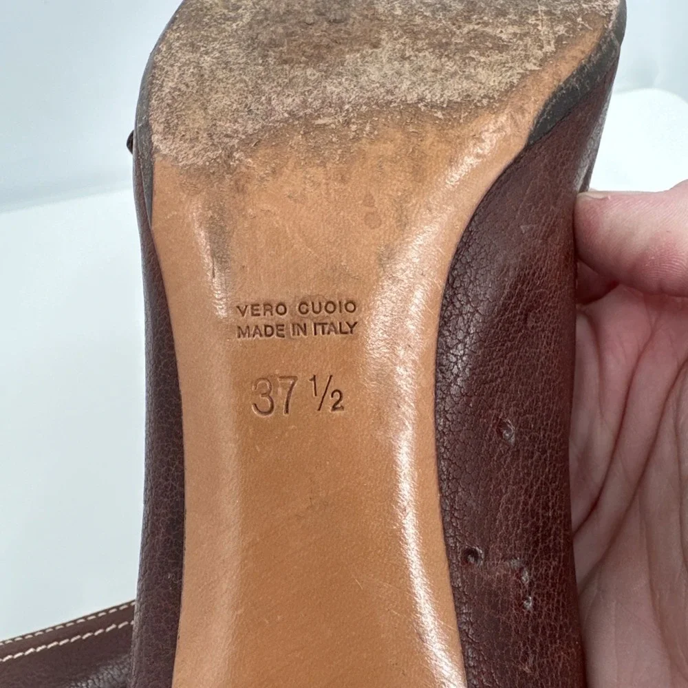 Ballin VTG Brown‎ Leather Kitten Heel 37.5 Italy Studded Fringe Metal Classic